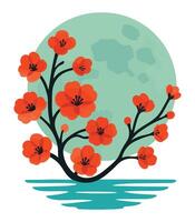 Illustration of Cherry Blossom Tree with Red Flowers and Full Moon, Japanese Minimal Nature Art for Wallpapers, Prints, Decorative Projects, and Zen-Themed Graphics vector