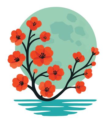 Illustration of Cherry Blossom Tree with Red Flowers and Full Moon, Japanese Minimal Nature Art for Wallpapers, Prints, Decorative Projects, and Zen-Themed Graphics