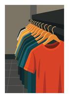 Modern Flat Design of Clothes on Hangers, T-Shirts in Closet Illustration for Retail Display, Fashion UI Elements, Apparel Showcase, and E-Commerce Shopping Application vector