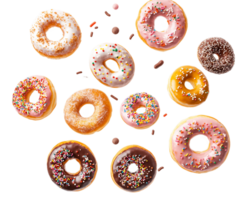Flying Assorted Donuts with Colorful Sprinkles on Transparent Background png