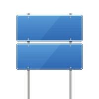 A blank double blue road sign with white borders, mounted on metal posts. The signs are clean and reflective, set against a plain white background in isolation. vector