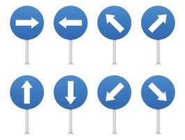 Eight blue circular signs, each featuring a white arrow pointing in different directions, right, left, up, down, and various diagonal angles, indicating directions. vector