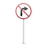 Road sign, with a red circle and a diagonal line, prohibits right turns at an upcoming intersection. The sign helps regulate traffic flow and safety at the location. vector