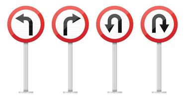 A set of four signs indicates permissible turns on the road, showing the direction of left, right, and u-turns. The signs are round with a red border. vector