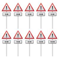 A series of warning signs with exclamation points indicating potential hazards at different distances, ranging from 10 to 100 meters, arranged in sequence. vector