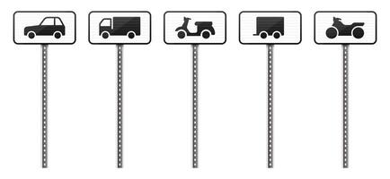 A row of signs shows different forms of transportation including a car, a truck, a moped, a trailer, and an ATV. The black icons are on a white background. vector