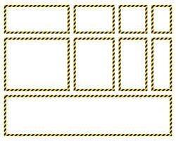 An assortment of rectangular and square frames outlined with yellow and black diagonal warning tape pattern over a clean white backdrop. Use for caution signs or displays. vector