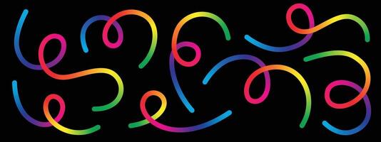 A playful and abstract pattern featuring multiple rainbow-colored swirls on a stark black background. The design conveys fun, energy, and creativity in its simplicity. vector