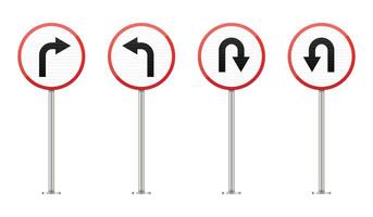 Four red and white circular signs depicting turn directions, including right, left, and two u-turn variations, displayed on silver poles against a white background. vector