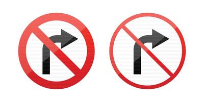 Two round signs with a red circle and slash over a black arrow turning right. They indicate a restriction for traffic and promote road safety. vector