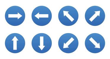 Eight blue round navigation signs with direction arrows pointing different directions including right, left, up, down, and diagonally are displayed on a white background. vector
