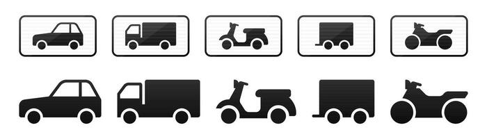 This image presents a collection of vehicle silhouettes. These include cars, trucks, motorcycles, and trailers. The vehicles are presented in a clear and simple manner. vector