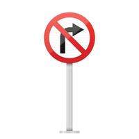 This image depicts a 'no right turn' traffic sign. The sign features a red circle with a slash through a black right-pointing arrow. The sign is mounted on a metal pole. vector