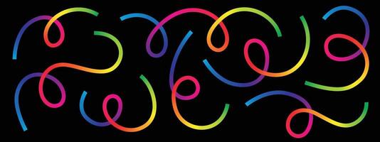 Whimsical arrangement of rainbow-colored ribbons. These vibrant strands twist and curve against the stark black background, creating a festive, energetic, and eye-catching display. vector