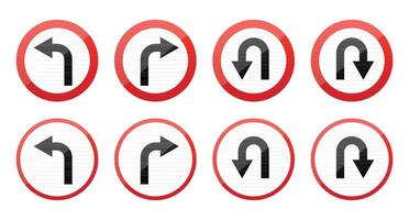 The image shows a collection of traffic signs with white backgrounds and red borders. The signs display various turn instructions including left and right turns as well as U-turns. vector