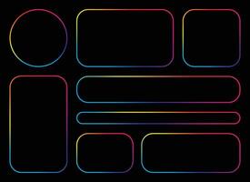 A set of rainbow-colored geometric shapes including circles, rectangles, and rounded-corner rectangles are placed on a dark black background with a minimalist style. vector