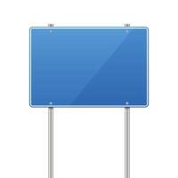 A blank, rectangular blue sign with a thin white border is supported by two metal poles. The sign is clean and shiny, reflecting light. Isolated on white. vector