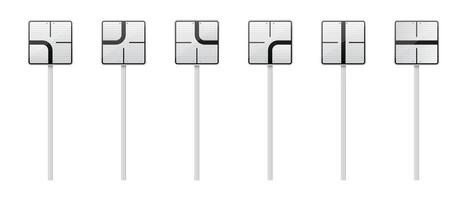 A set of six square road signs mounted on poles, each depicting a different intersection configuration with black lines on a white background, providing navigation cues. vector