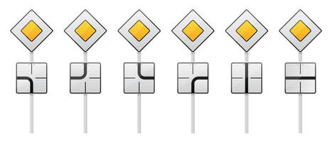 Isolated image shows six road signs indicating priority on a road. Below each sign, there is one demonstrating various intersection configurations. vector