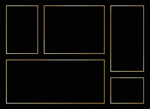 Geometric arrangement of golden rectangular frames on a black backdrop. The arrangement exudes modern luxury, minimal design, and sophisticated simplicity. The contrast offers depth. vector