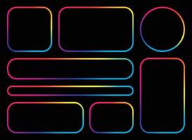 A collection of geometric shapes like squares, rectangles, and circles are brightly outlined in rainbow gradient colors against a dark black background. The shapes have rounded corners. vector