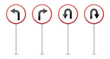 A collection of four circular traffic signs with red borders and white interiors, each displaying different turn instructions, left, right and downward u-turns. vector