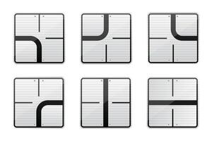 Six square road guidance signs with various black lines denoting road layouts at intersections, set against a horizontally striped background, bolted at each corner. vector