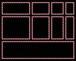 A geometric arrangement of boxes and rectangles, outlined with a festive red and white striped border, stands out against a stark black backdrop. The shapes vary in size. vector