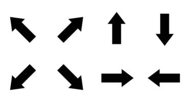 A collection of eight solid black arrows are displayed on a white background, each pointing in a different direction, up, down, left, right, and diagonally. vector