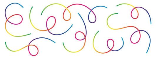 This image showcases a collection of brightly colored, swirling lines, gracefully flowing across a stark white background. The rainbow spectrum adds a whimsical touch. vector