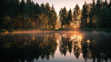 Serene Dawn Breaking Above A Still Lake In The Woods photo