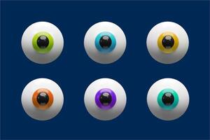 Colorful 3D set of cartoon eyeballs with different iris colors. Each eyeball illustration for Halloween graphics, kids materials, educational content vision and eye anatomy, or medical-themed visuals vector