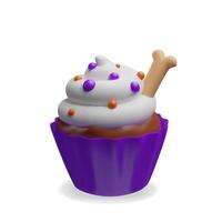 3D illustration of a Halloween cupcake with whipped cream, colorful orange and purple sprinkles, and a spooky bone decoration. Halloween party designs, packaging, posters, and seasonal decorations. vector