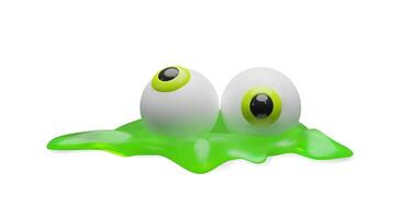 A fun and creepy 3D cartoon illustration of two eyeballs emerging from bright green slime. The Halloween eyeballs have a glossy texture with neon green irises, giving the image a playful spooky vibe. vector