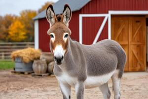 Donkey standing in farmyard in front of red barn during autumn photo