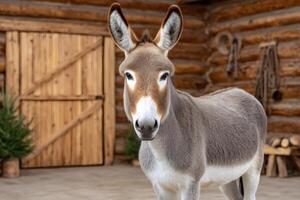 Donkey standing in front of wooden stable door in a farm photo