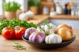 Fresh garlic, onion and rosemary in a bowl, creating a fragrant centerpiece for a healthy meal photo