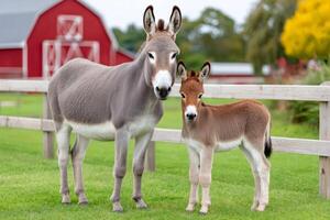 Donkey and foal standing on grass in front of a red barn photo
