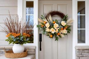 Fall wreath with orange flowers and tangerines decorating a front door photo