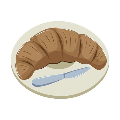 Croissant on a plate with a butter knife. Isolated illustration on a white background. Coffee baking. French traditions.