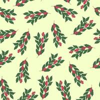 Coffee plant seamless pattern with red berries and green leaves. Floral and botanical design for wallpaper, fabric, textile and packaging. vector