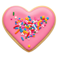 Heart-shaped sugar cookie with pink icing and colorful sprinkles png