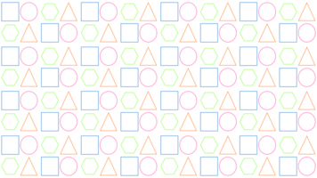 Geometric pattern with colored squares, circles, triangles and hexagons png