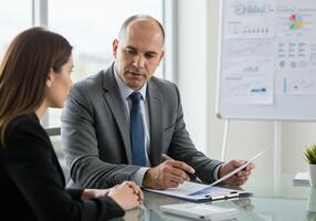 A man and woman in business attire are talking photo