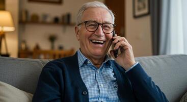 An older man with glasses and a smile on his face is talking on the phone photo