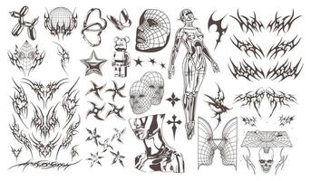Retro futuristic elements y2k style set in flat graphic design. vector