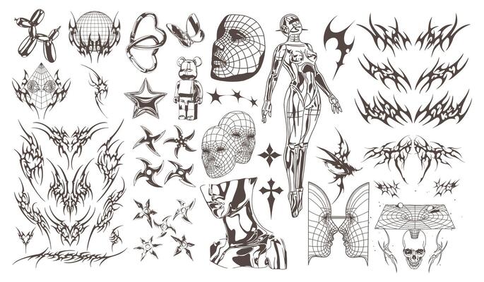 Retro futuristic elements y2k style set in flat graphic design.