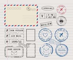 Set of postal stamps and postmarks, isolated on white background vector