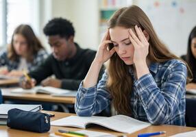 A girl sitting at a desk with her head in her hands photo