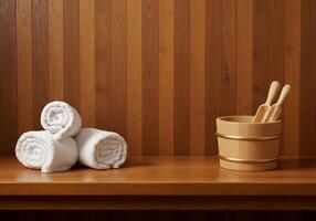 Towels and wooden bucket on a wooden shelf photo
